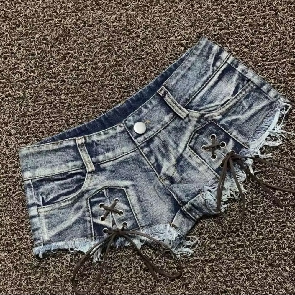 Blue Distressed Jean Shorts with Frayed Hem